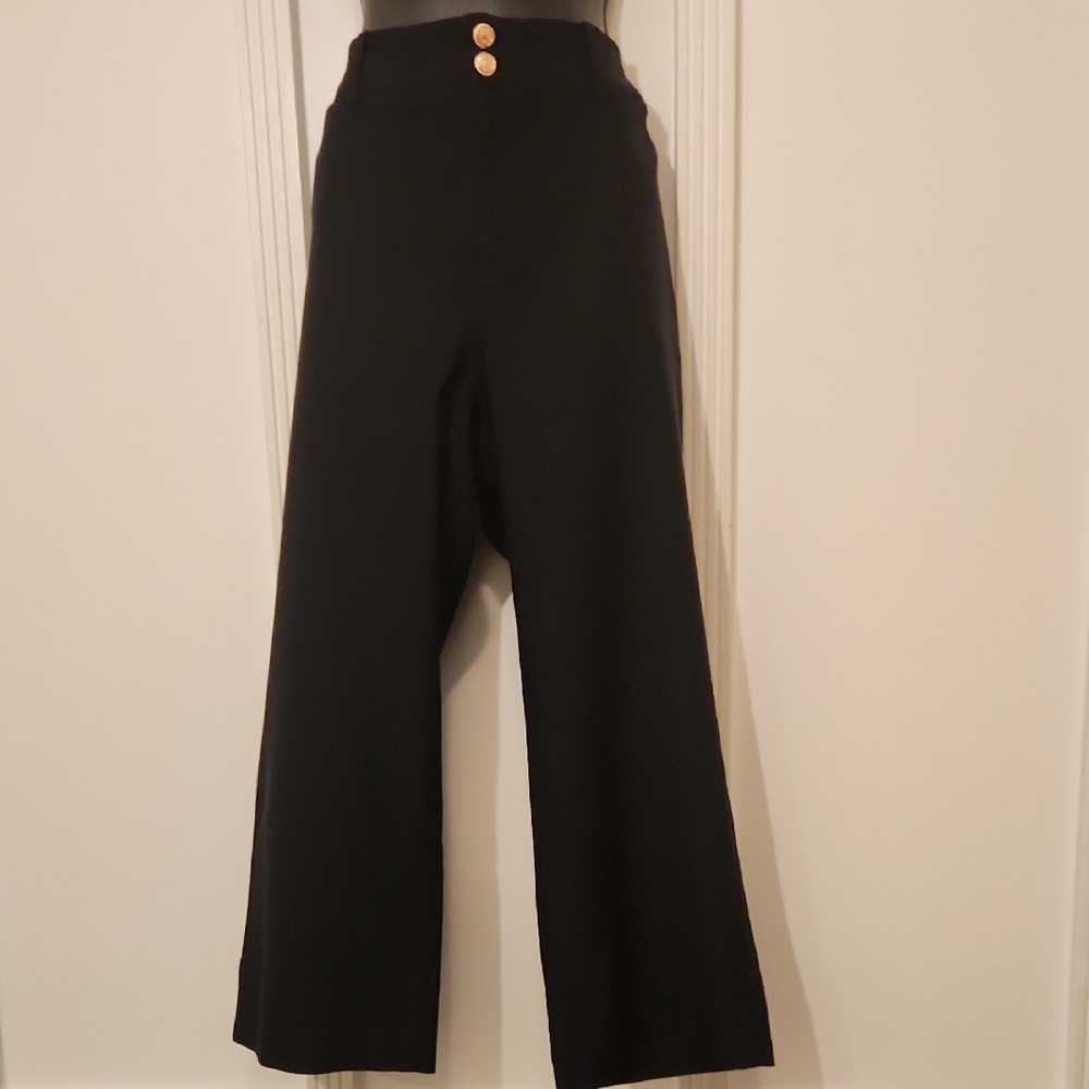 Chico's Black Wide-Leg High-Rise Trousers with Gold Accents